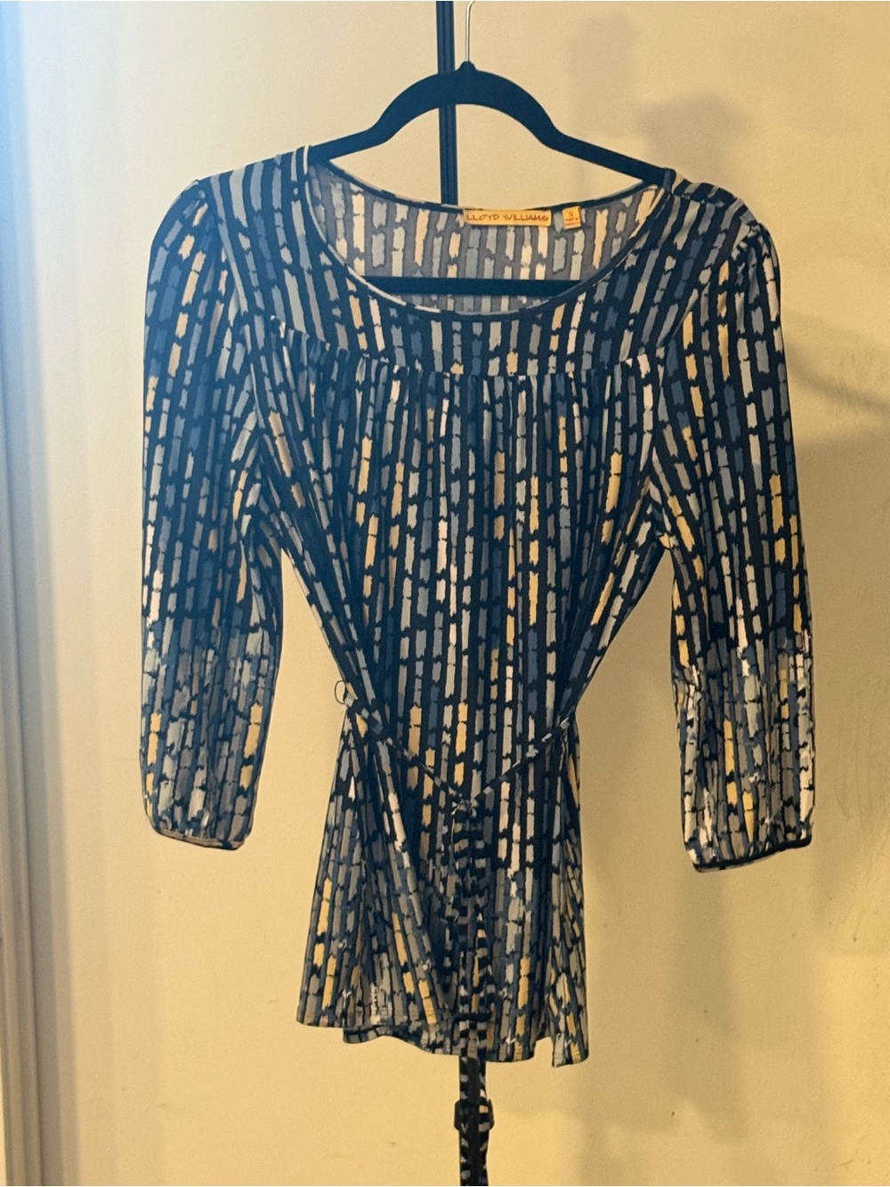 Blue Patterned Scoop Neck Women’s Blouse